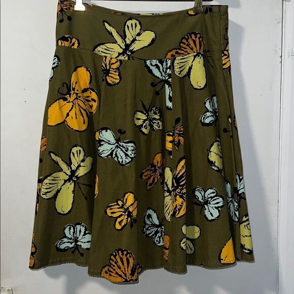 ANTHROPOLOGIE FEI Micro Corduroy Olive Green Butterfly A Line Skirt-8 - Picture 2 of 9